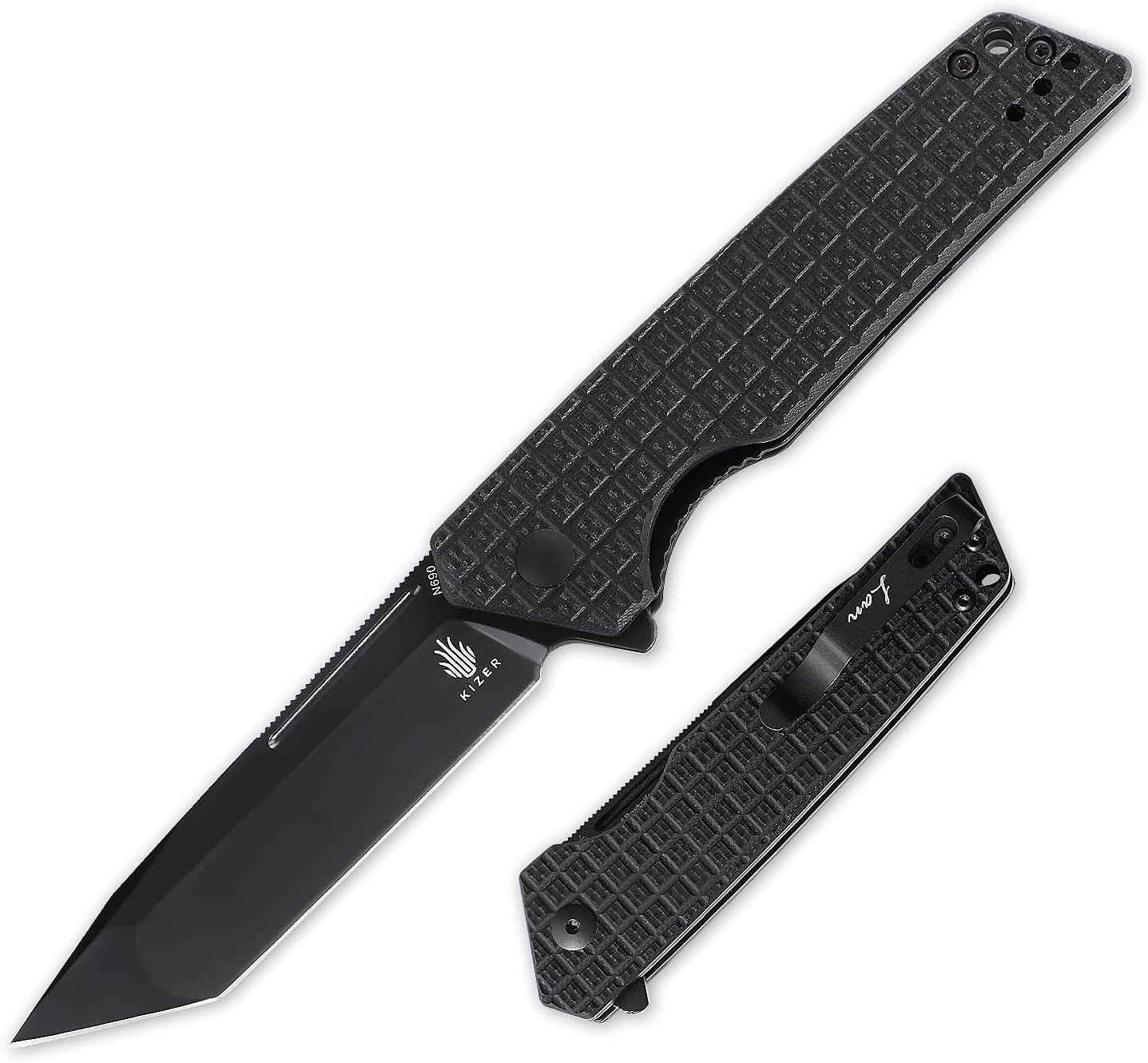 Kizer Lan, Folding Pocket Knives, Micarta Handle with N690 Drop Point Blade, Finger Cut Out, Lanyard Hole, Deep Carry Clip for Camping, Outdoor