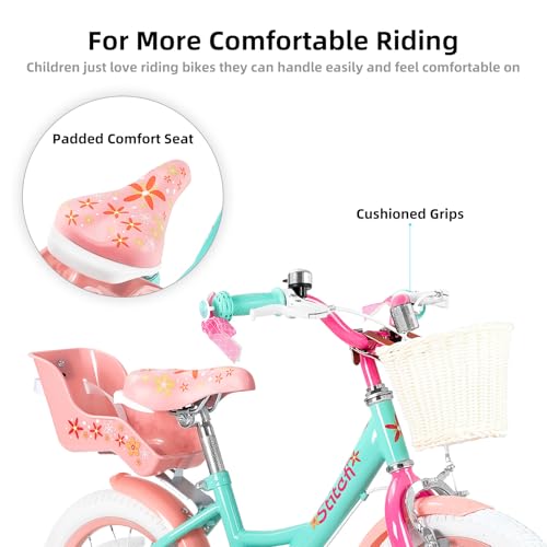 JOYSTAR Unicorn Kids Bike for Girls Ages 2-9 Years Old, 12 14 16 18 Inch Kids Bike with Training Wheels, Doll Seat, Streamers and Basket