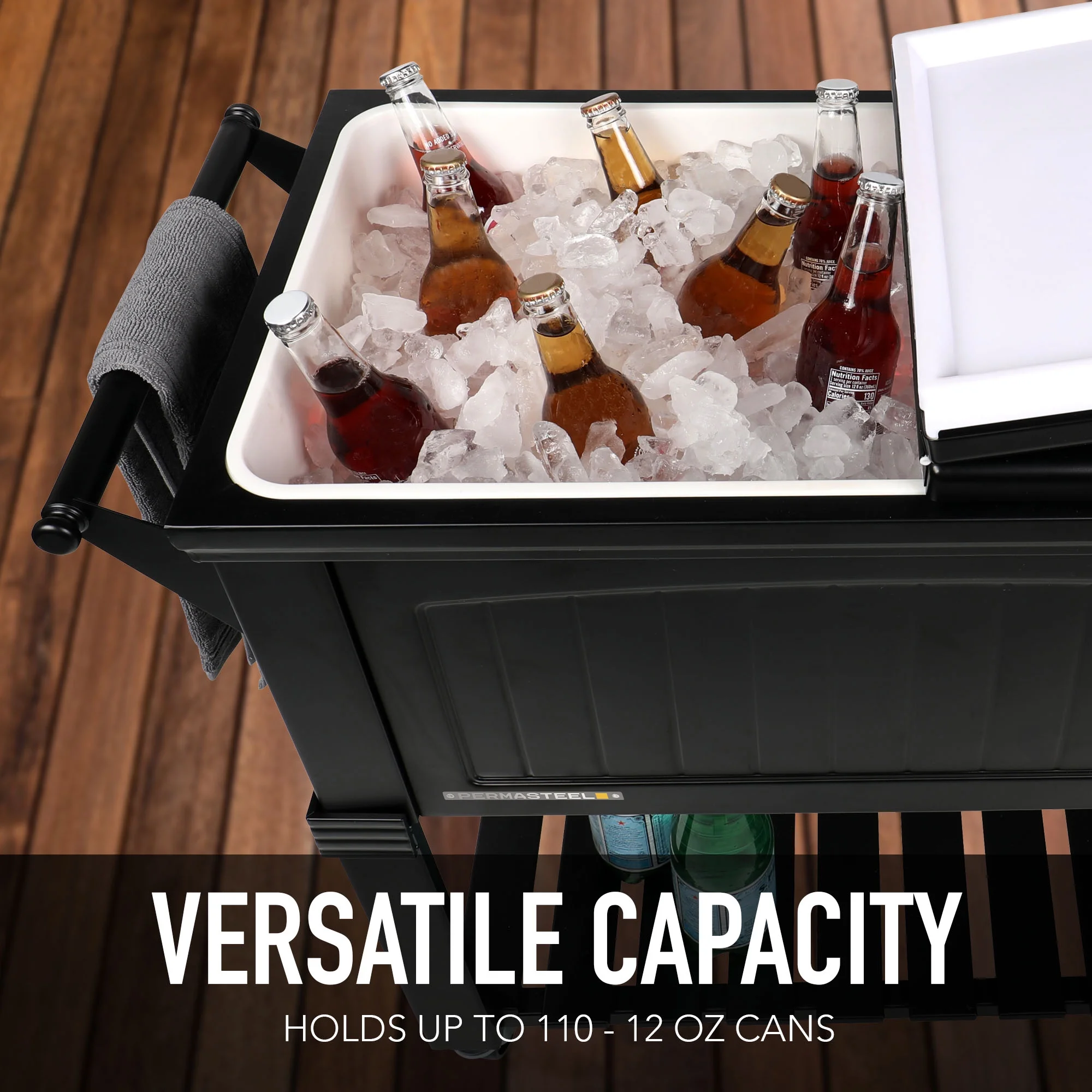 Permasteel 80-Qt Antique Outdoor Steel Patio Cooler on Wheels, Rolling Cooler Cart, Wooden Teak Style, Black