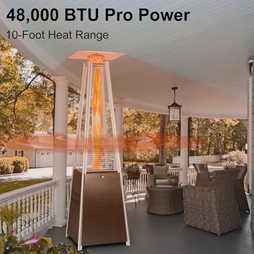 Hykolity Pyramid Patio Heater, 48000 BTU Glass Tube Propane Patio Heater with Wheels and Cover, Outdoor Propane Heaters for Patio, Backyard, Garden