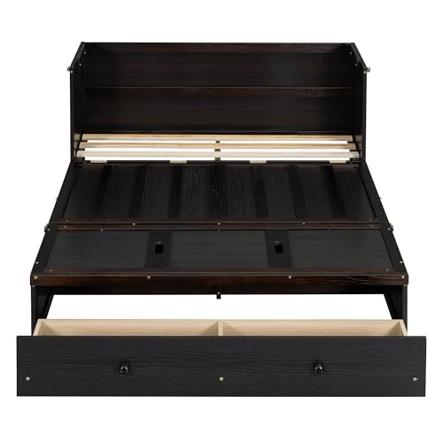 Harper & Bright Designs Queen Size Murphy Bed Cabinet, Solid Pine Wall Bed Chest with USB