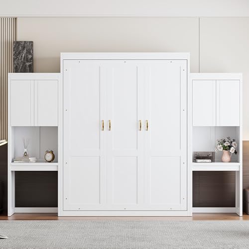 SOFTSEA Queen Size Murphy Bed with Desk and Storage, Wood Queen Wall Bed Frame with Vanity & Shelves, Space-Saving for Guest Room, Bedroom or Office