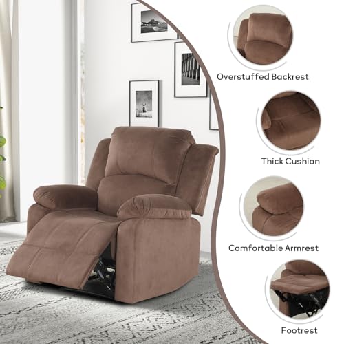 Classic Manual Recliner Chair with Soft Padded Headrest and Armrest, Overstuffed Recliner Single Sofa Chair for Living Room, Bedroom, Brown