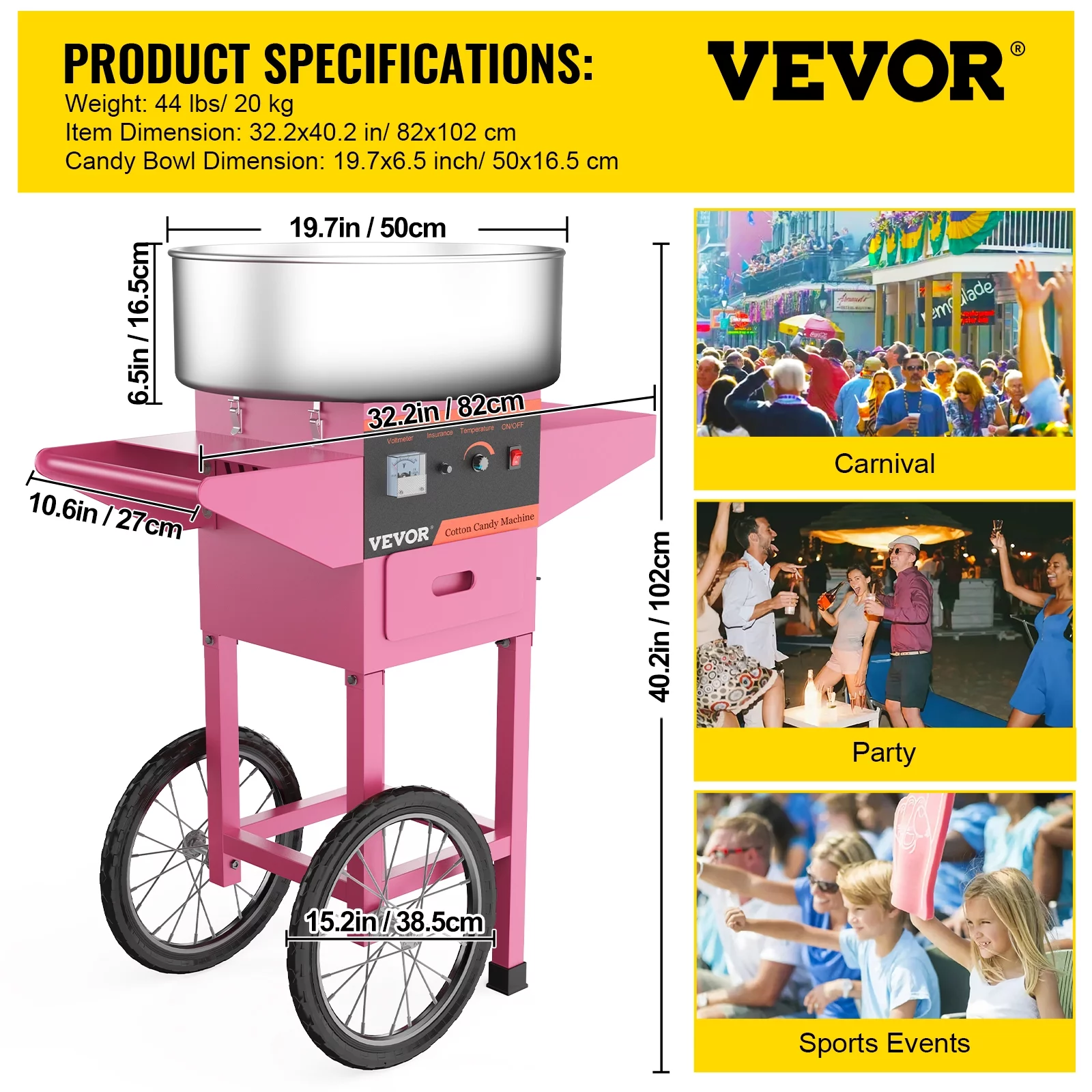 VEVOR 21" Commercial Cotton Candy Machine with Cart Pink Stainless Steel Electric Candy Floss Maker with Cart Perfect for Various Parties