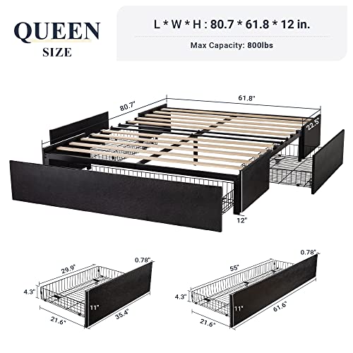 Allewie Queen Size Platform Bed Frame with 3 Storage Drawers, Fabric Upholstered, Wooden Slats Support, No Box Spring Needed, Noise Free