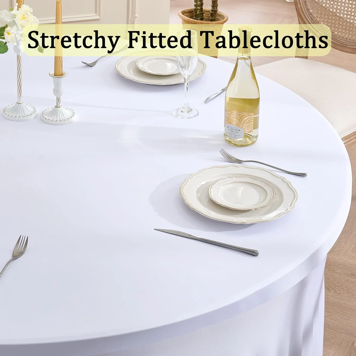 4Pack White Round Spandex Tablecloths for 60 inch Table