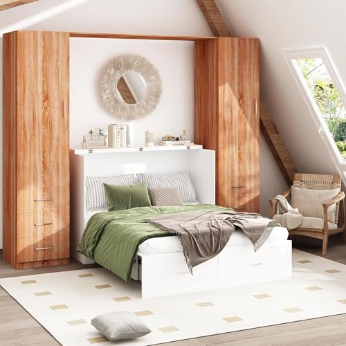 ECACAD Multi-Functional 2-in-1 Murphy Cabinet Bed, Full Size Bed Frame Murphy Bed Chest with Built-in Power Strip & 3 Drawers