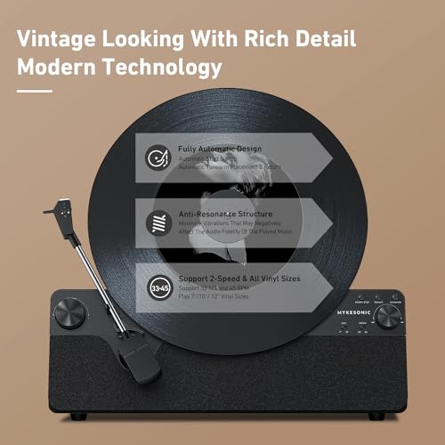Vertical Automatic Record Player Bluetooth, MYKESONIC Belt Drive Vinyl Turntable, Magnetic AT-3600L Cartridge, Bluetooth in & Out