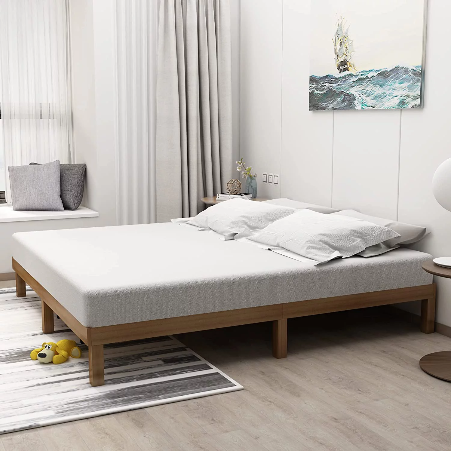 AngLink Queen Size Wood Platform Bedframe - No Headboard Bed Frame with 10 Legs Support, No Box Spring Needed, Strong Wood Slat Support