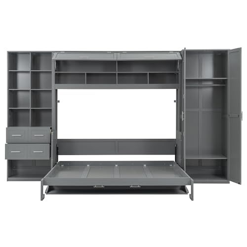 SOFTSEA Queen Size Murphy Bed with Desk, Horizontal Murphy Bed with Storage Wardrobe Drawers and Shelves, Hidden Wall Bedframe for Guest Room