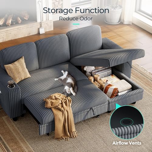 LINSY HOME Sectional Sleeper Sofa with Pull Out Couch Bed Convertible Plush Corduroy Cloud Couch with Storage Chaise & USB Charging