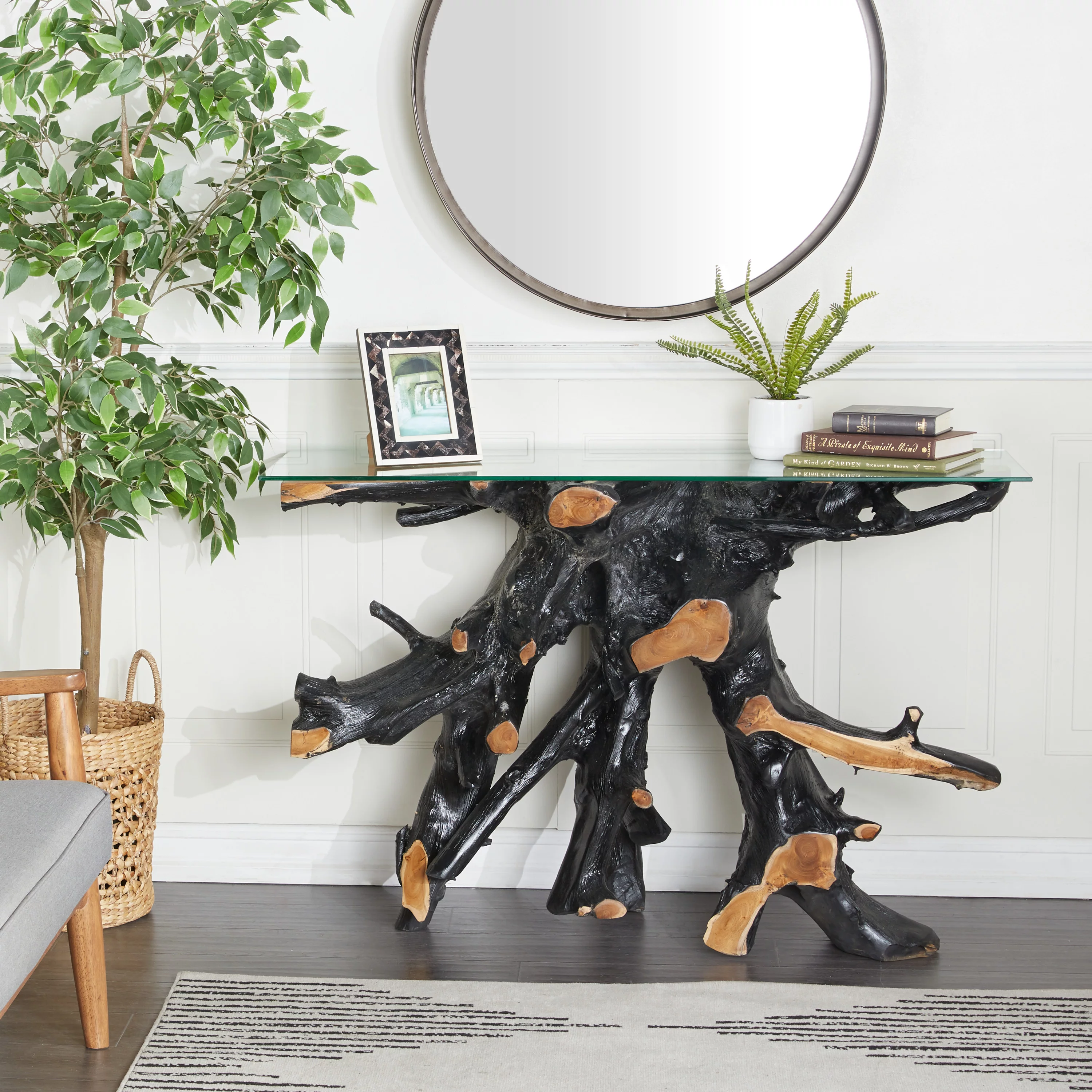 DecMode 49" x 32" Black Teak Wood Live Edge Tree Stump Console Table with Clear Glass Top, 1-Piece