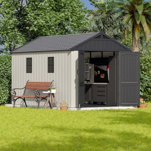 Patiowell 8 x 12 FT Plastic Outdoor Storage Shed with Floor, Resin Shed with Window and Lockable Door for Garden, Backyard, Tool Storage Use