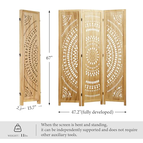 66.9Inch Folding Room Divider, 6 Panels Wood Carved Privacy Screens