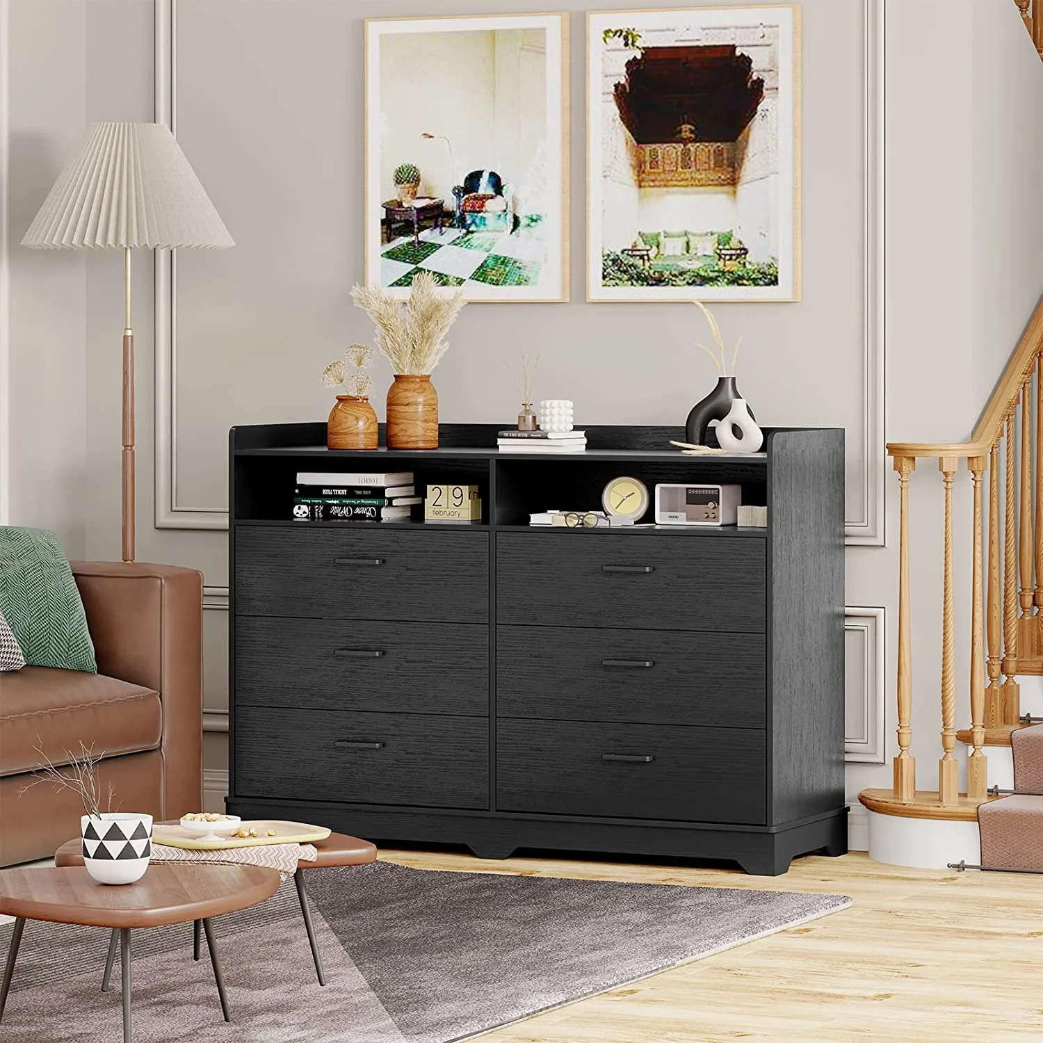 Classic 6 Drawer Dresser,Wood Finish,Modern Farmhouse Storage Tower Chests of Drawers and Open Cubby,for Bedroom,Living Room,Black