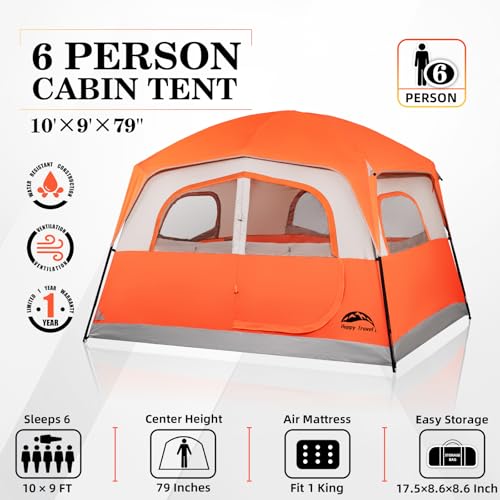 Happy Travel Tent 6 Person Tents for Camping, Waterproof Easy Setup Camping Tent with Rainfly