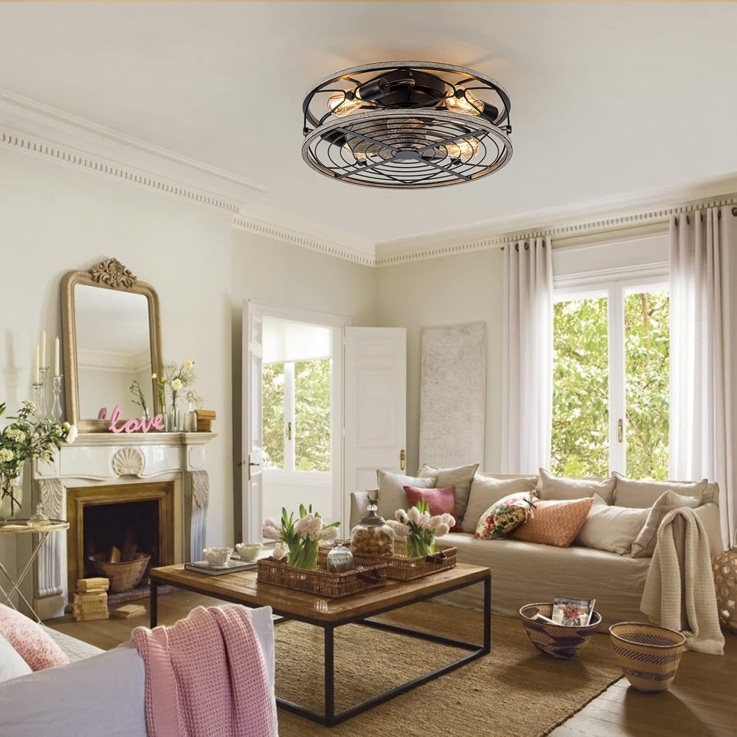 Caged Ceiling Fan With Light, 20 in Bladeless Ceiling fan With Remote Control