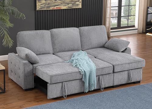 L-Shaped Pull Out Sleep Sofabed,Modern Reversible Sleeper Sectional Sofa Chenille Upholstered Button Tufted Decor with Storage Chaise