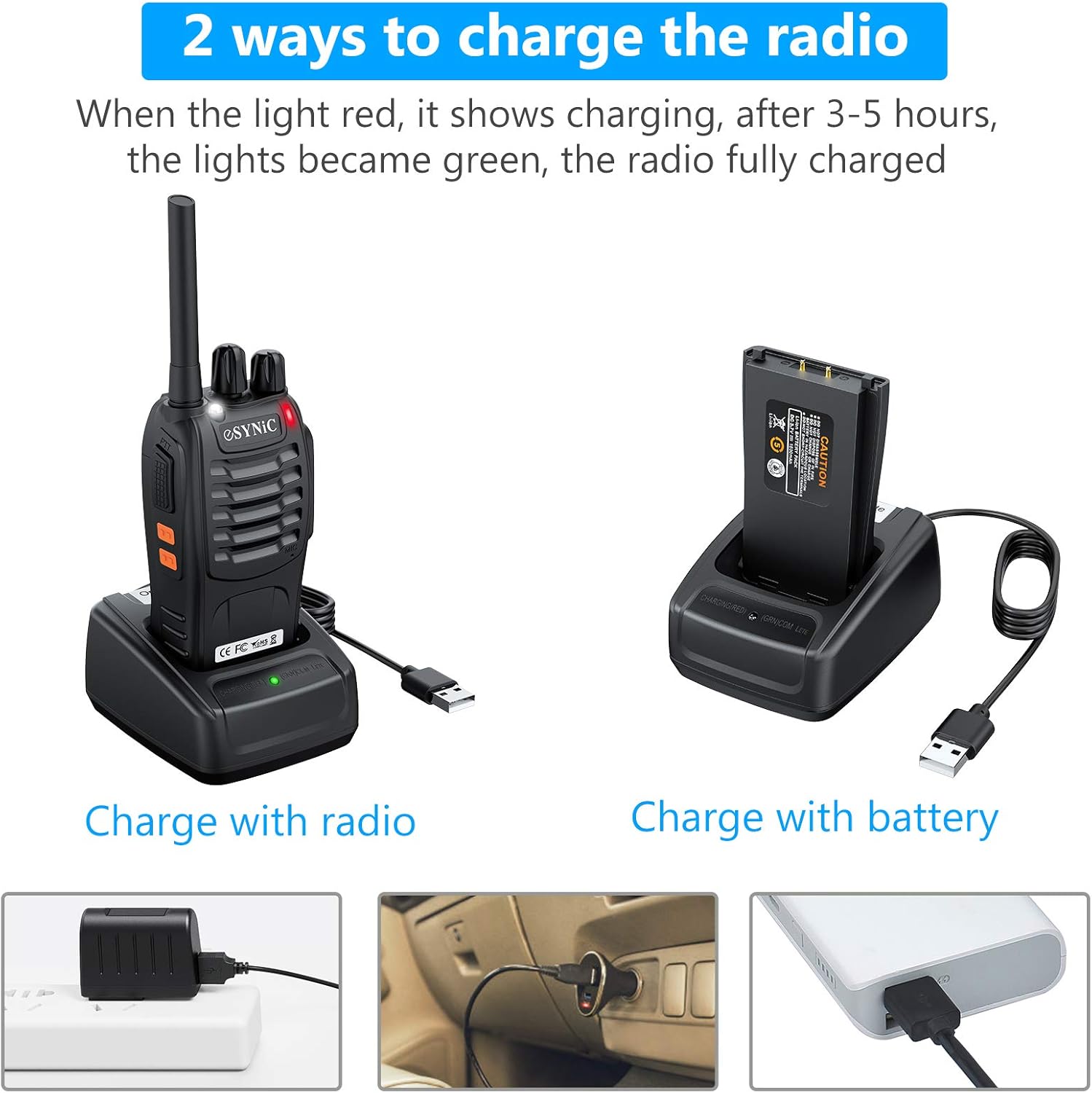 eSynic Rechargeable Walkie Talkies with Earpieces 2pcs Long Range Two-Way Radios 16 Channel USB Cable Charging Walky Talky Handheld Transceiver with