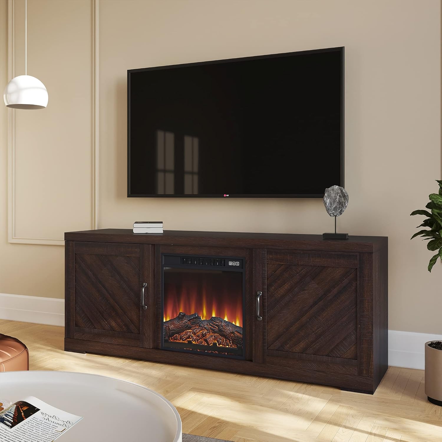 BELLEZE Modern Farmhouse Electric Fireplace TV Stand & Media Entertainment Center Console Table for TVs up to 65 Inch with Storage Cabinets and