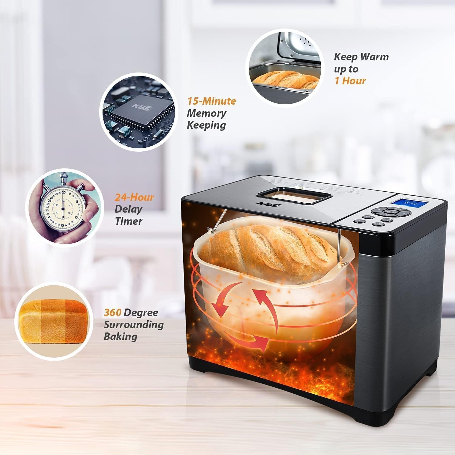 KBS 2LB Bread Maker, 19-in-1 Automatic Bread Machine Stainless Steel with Ceramic Pan,15H Timer&1H Keep Warm, Sourdough, Gluten-Free