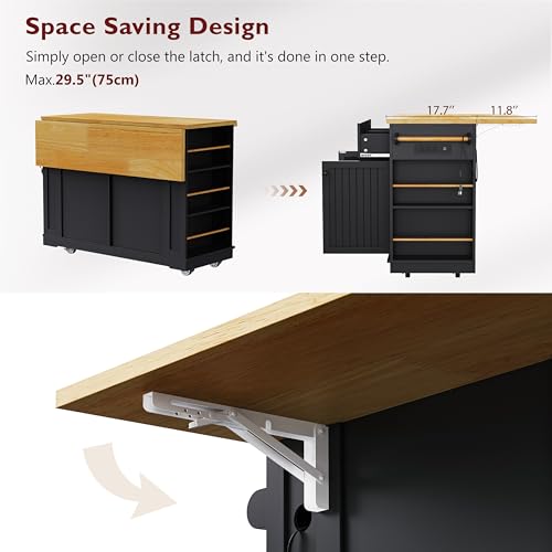 Rolling Kitchen Island with Drop Leaf & Power Outlet, Large Kitchen Islands Cart on Wheels