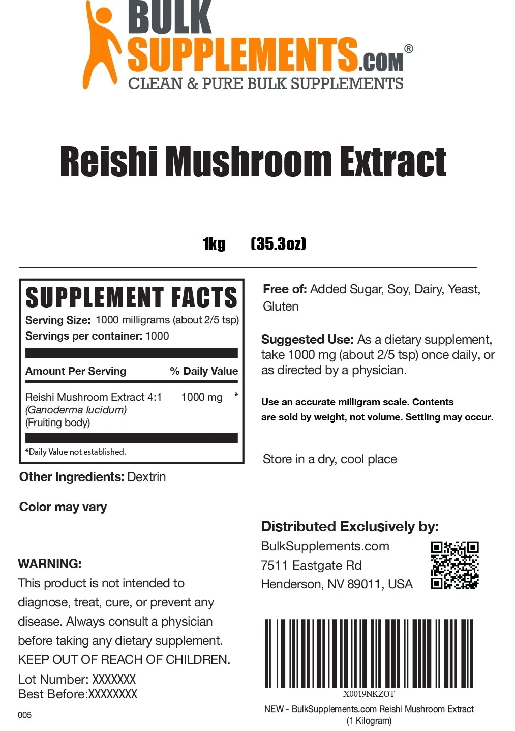 Bulksupplements.com Reishi Mushroom Extract Powder - Superfood Powder - Mushroom Immune Support (1 Kilogram)