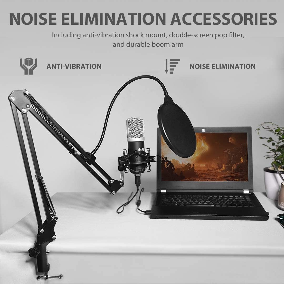 USB Podcast Condenser Microphone 192kHZ/24bit, UHURU Professional PC Streaming Cardioid Microphone Kit with Boom Arm, Shock Mount