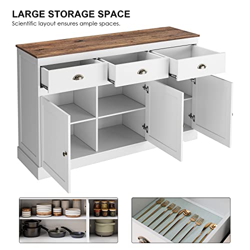 Keyluv White Buffet Cabinet Storage Sideboard Farmhouse Server Bar Wine Cabinet with 3 Drawers & 3 Doors Adjustable Shelves Console Table for Dining