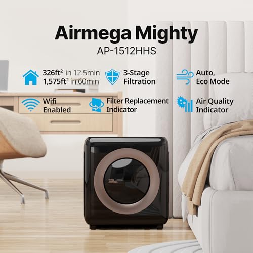 Coway Airmega AP-1512HH(W) True HEPA Purifier with Air Quality Monitoring, Auto, Timer, Filter Indicator, and Eco Mode, 16.8 x 18.3 x 9.7, White