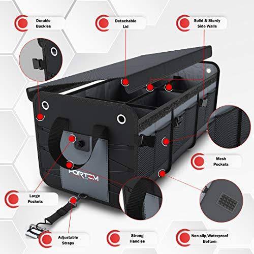 Fortem Car Trunk Organizer, Foldable Cover, Non-Slip Waterproof Bottom, Straps, Cargo Storage (3 Compartments, Grey)