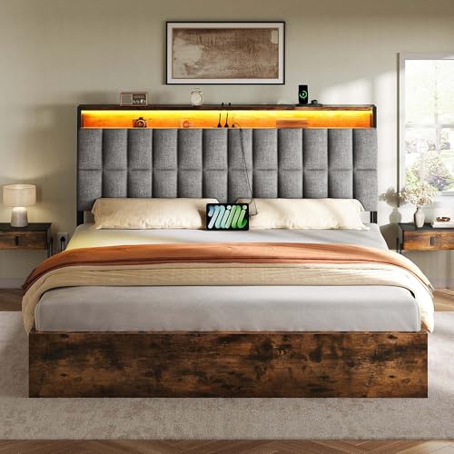 YITAHOME Queen Size Lift Up Bed with Charging Station & RGB LED Lights, PU Leather Upholstered Platform Storage Bookcase Headboard Bed