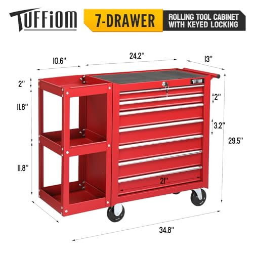 TUFFIOM 7-Drawer Rolling Tool Chest with Side Shelves, Tool Storage Side Cabinet w/Lockable Wheels, Top Cushion & Drawer Liners
