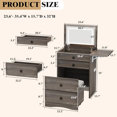 3-in-1 Vanity Set with LED Lighted Flip Top Mirror, Makeup Table with Fold-Up Panel, Hidden Stool, Charging Station