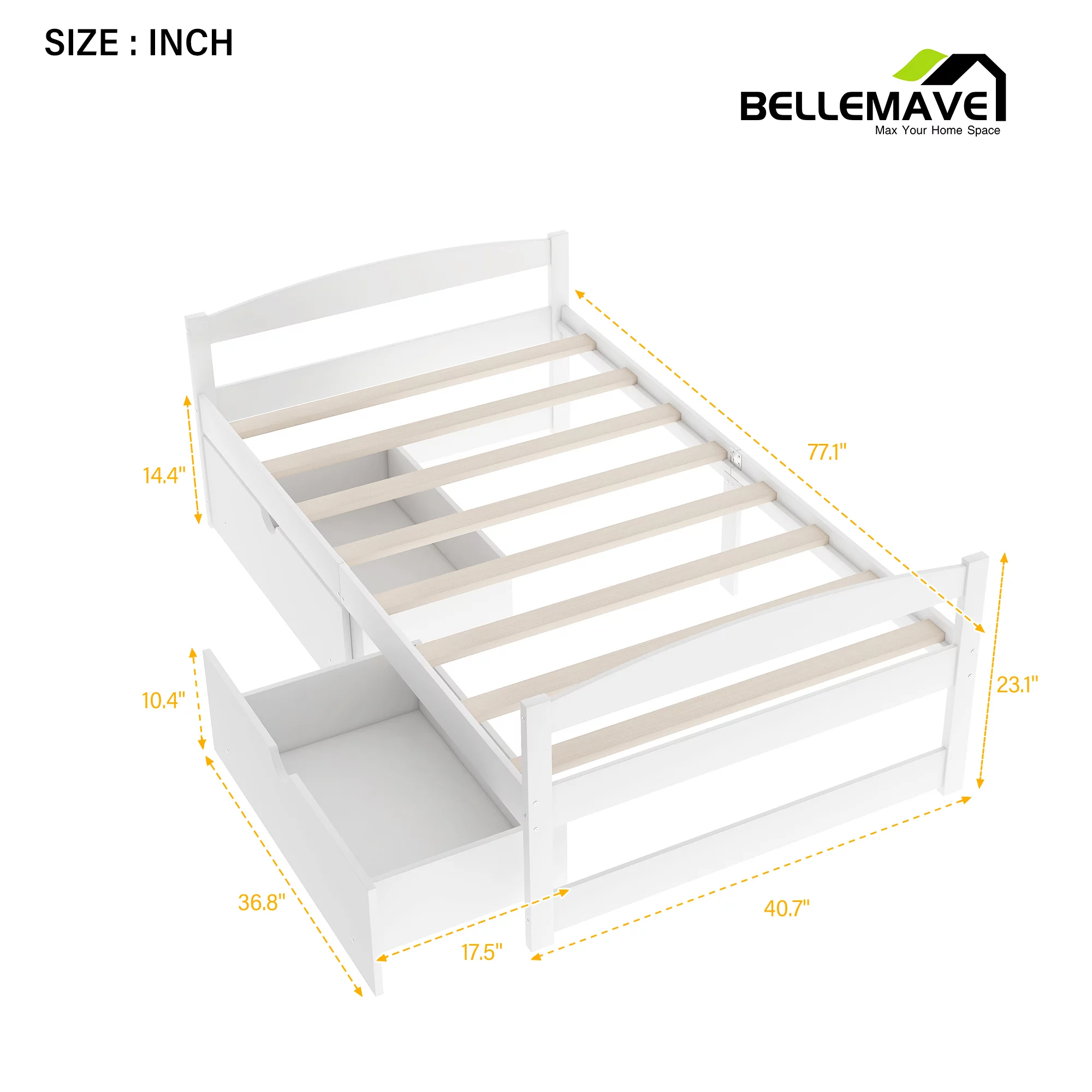 Bellemave White Twin Size Platform Bed with 2 Drawers for Bedroom Living Room, Wood Frame Twin Size Platform Bed Daybed with Slats