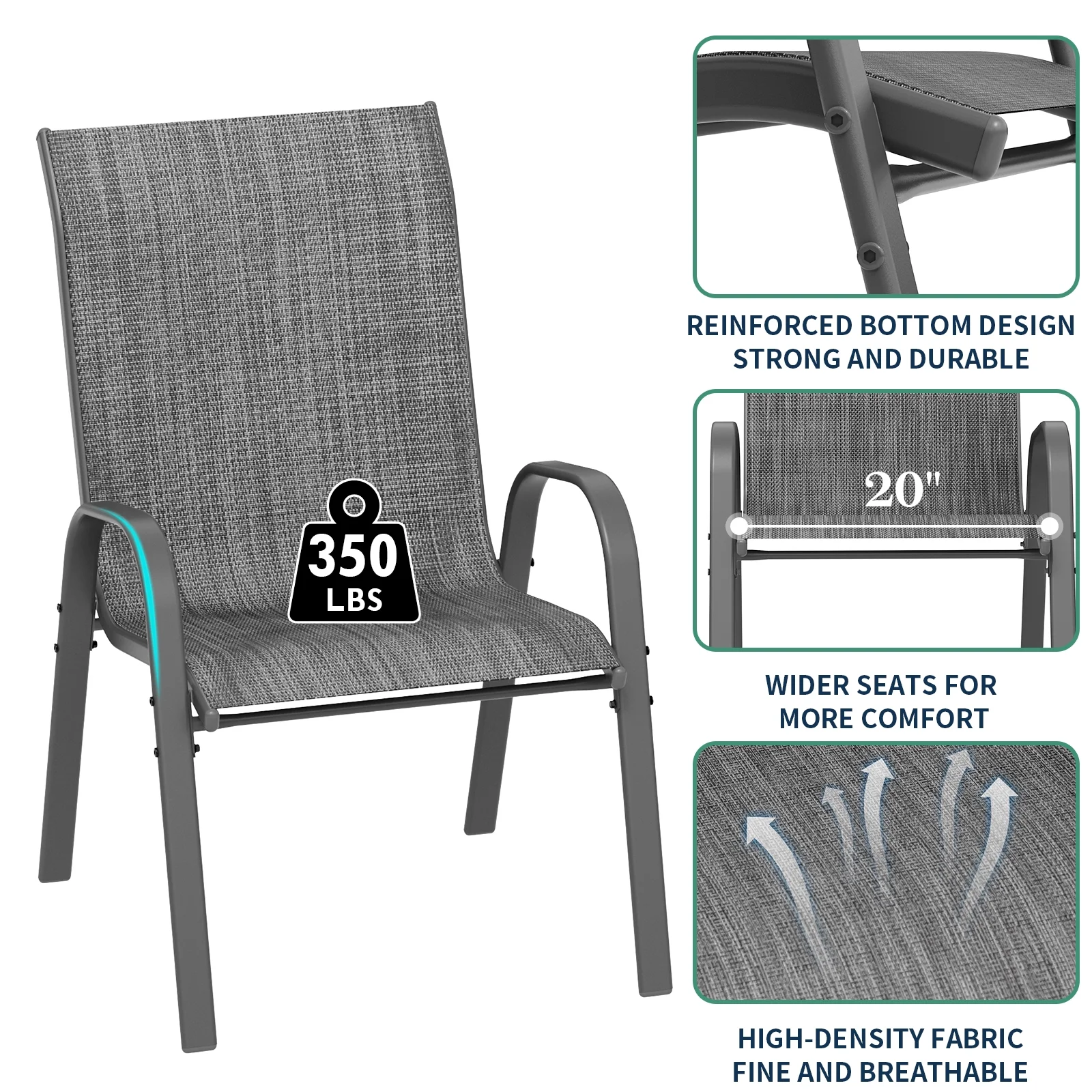 ELPOSUN Patio Chairs Set of 2, Outdoor Stackable Dining Chairs for All Weather, Breathable Garden Outdoor Furniture for Backyard Deck,Grey & White