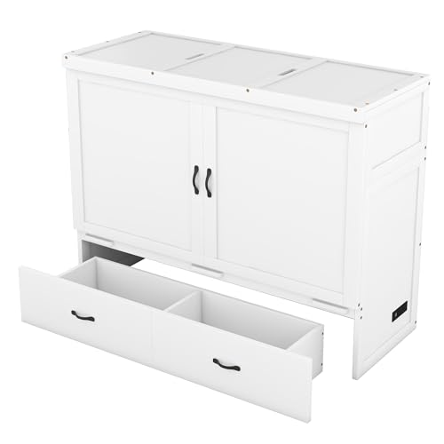 Ball & Cast Queen Size Solid Pine Murphy Bed Chest,Cabinet Hideaway Bed with Charging Station and Large Storage Drawer,Wood Wall Bed can be Folded