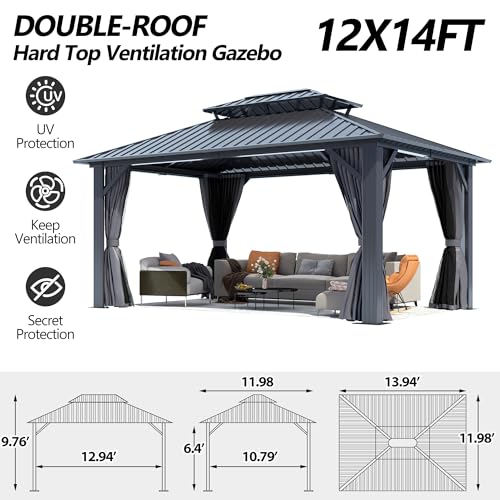 12'x12' Hardtop Gazebo, Outdoor Double Roof Galvanized Steel Gazebos, Aluminum Frame Permanent Pavilion with Curtains & Netting for Backyard, Patio