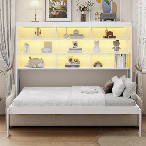 Queen Size Murphy Bed with Sofa, Shelves, USB & Light, Can be Folded Wall Bed and Tall Cabinet with Glass Doors& Wine Rack