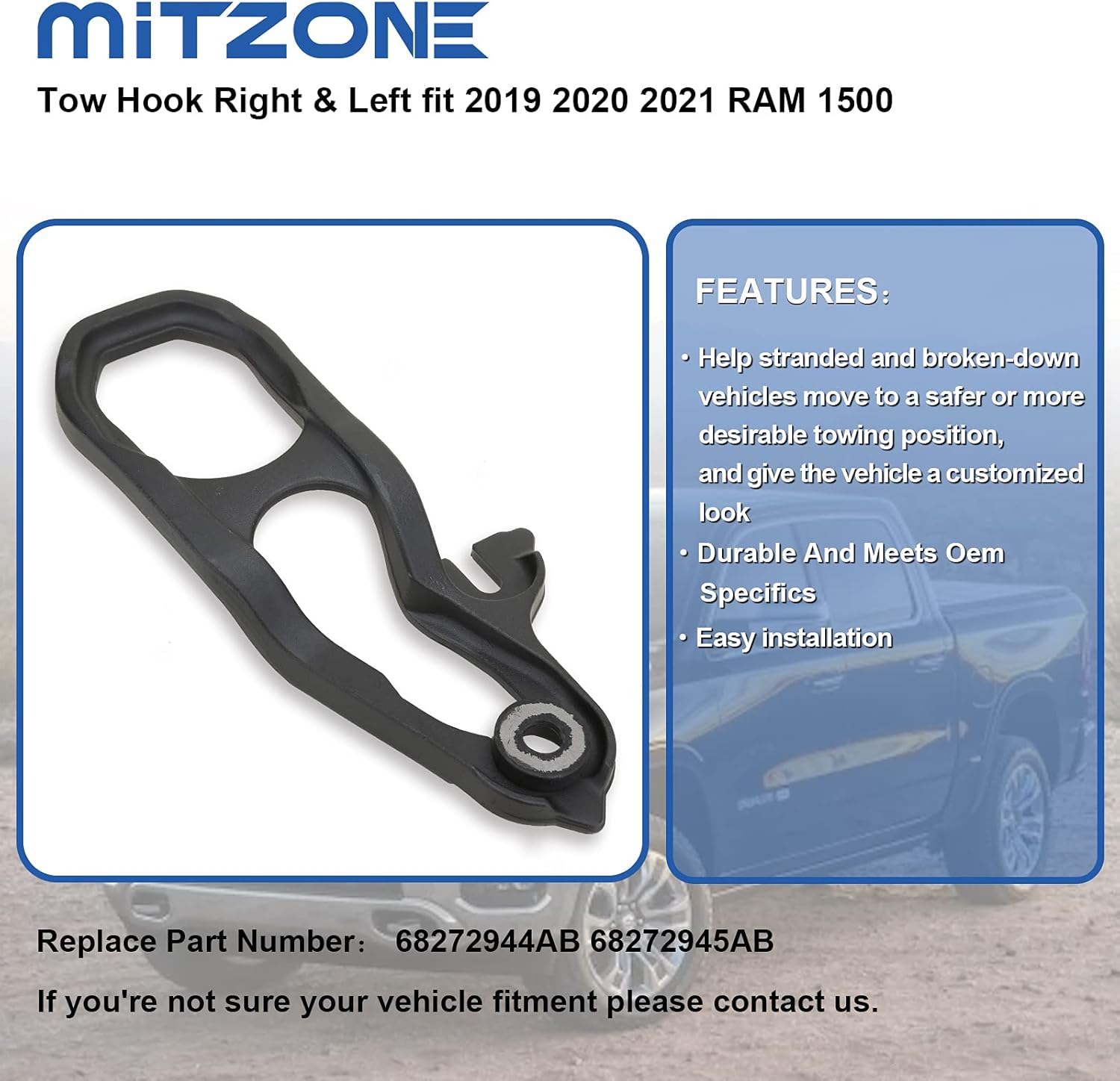 MITZONE Front Tow Hooks Right & Left with Bushing Compatible with 2019 2020 2021 2022 RAM 1500 Replace 68272944AB 68272945AB