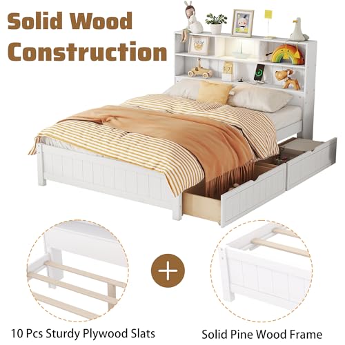 Twin Size Platform Bed with Bookcase Headboard, USB Charging Station and Downlight,Wood Twin Capatain Bed Frames with 2 Storage Drawers