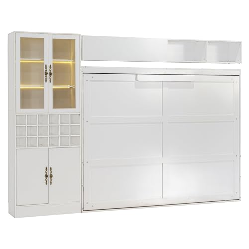 Queen Size Murphy Bed with Sofa, Shelves, USB & Light, Can be Folded Wall Bed and Tall Cabinet with Glass Doors& Wine Rack