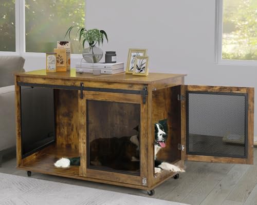 LINLUX 47 Inch XL Dog Crate Furniture, Wooden Heavy Duty Dog Kennel Indoor, Decorative Dog Cage Table for Extra Large Dogs, with Sliding Doors