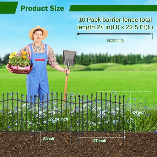 8 Panels Tall No Dig Garden Fence - 40in H x 18ft L, Reinforced Square Tube Rustproof Animal Barrier