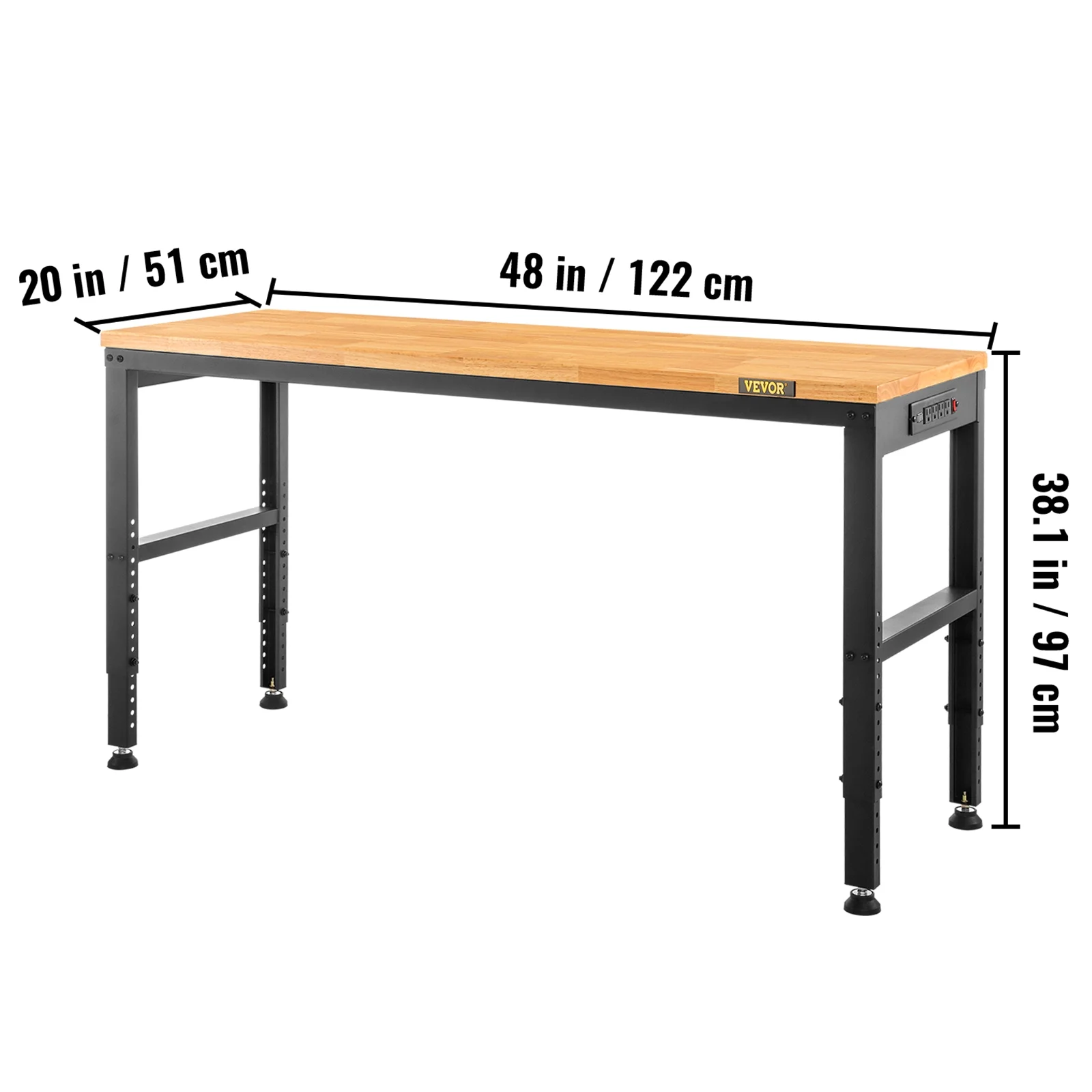 VEVOR Workbench Adjustable Height, 48"L X 20"W X 38.1"H Garage Table w/ 28.3" - 38.1" Heights & 2000 lbs Load Capacity