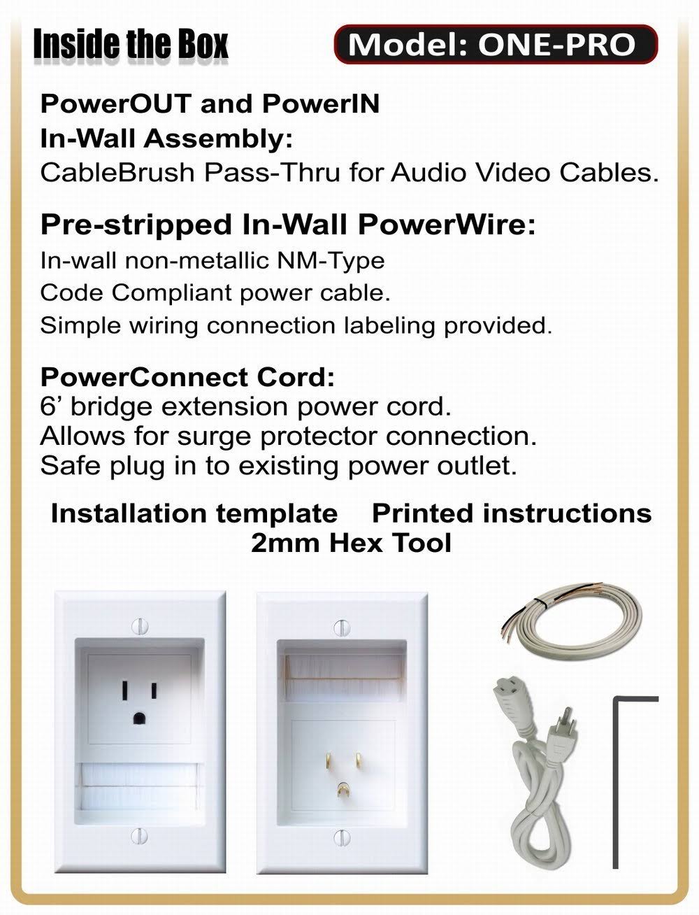 Powerbridge ONE-PRO-6 Single-Outlet Professional Grade Recessed In-Wall Cable Management System for Wall-Mounted