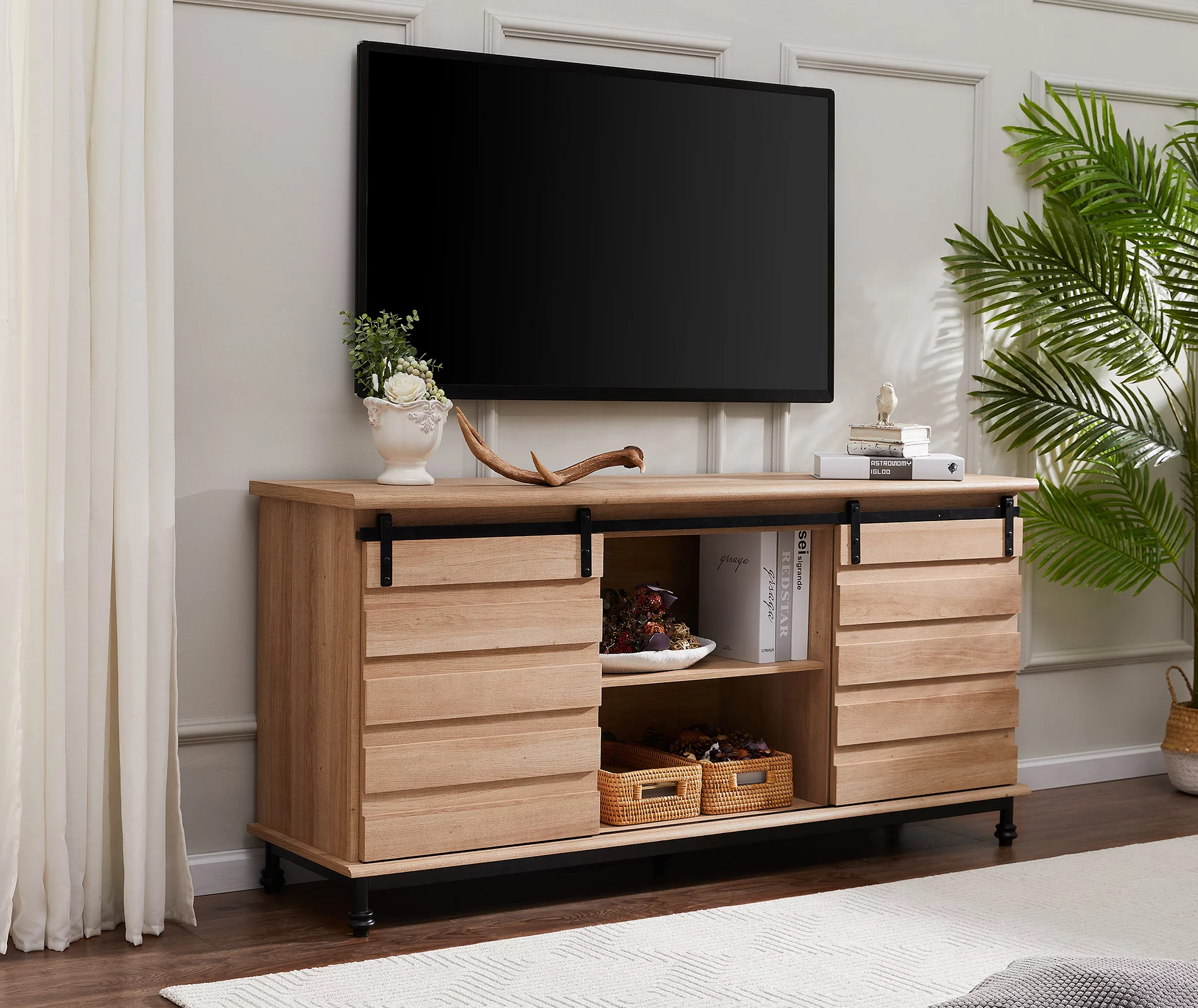 WAMPAT Farmhouse TV Stand with Sliding Barn Door for TVs up to 70 Inches,Modern Entertainment Center for Living Room, 3-Level Adjustable Shelf