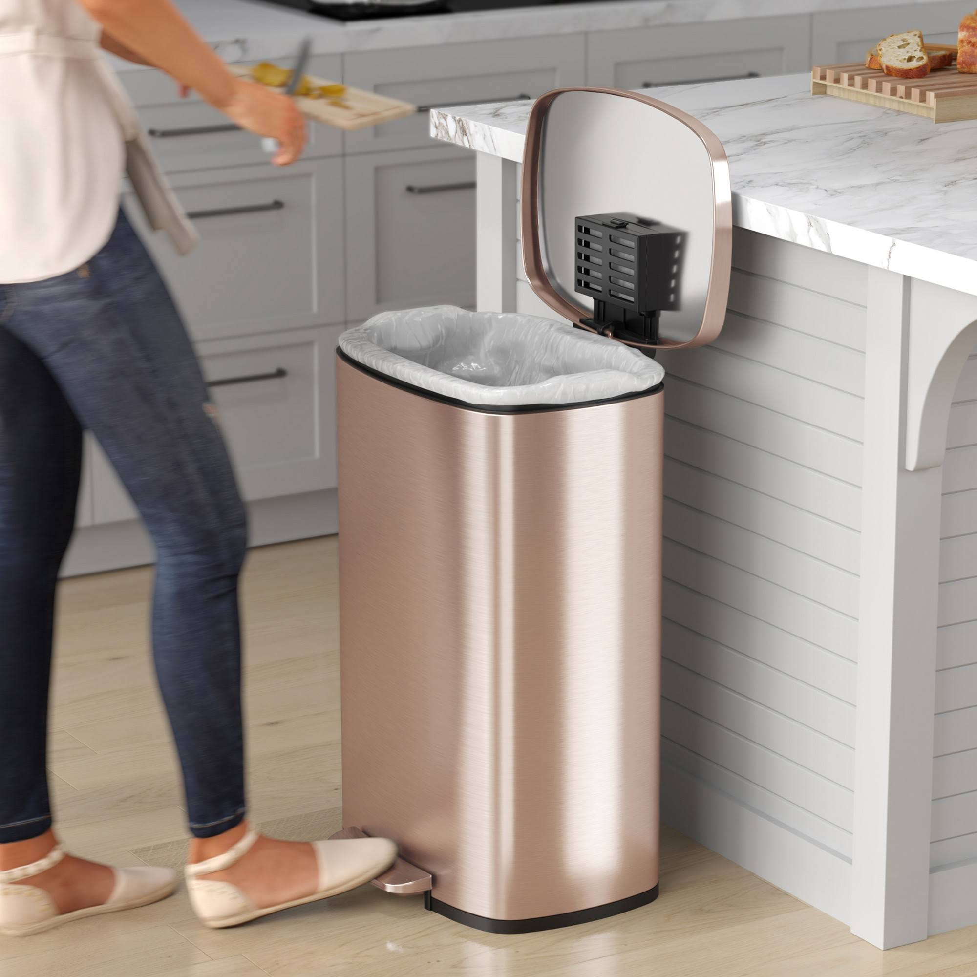 iTouchless SoftStep 13.2 Gallon Stainless Steel Step Garbage Kitchen Trash Can with Odor Control, Rose Gold