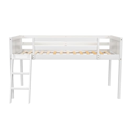 Full Size Loft Bed with L-Shaped Desk, Wardrobe and Storage Shelves, Solid Wood Bedframe w/Safety Guardrails & Ladder for Kids Teens Adults