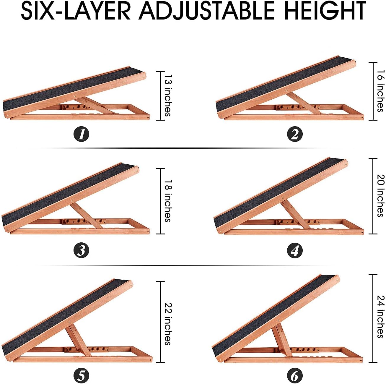 Wooden Height Adjustable Pet Ramp for All Dogs and Cats, 6 Layers from 11.81 inches to 23.6 inches with Non Slip Carpet Surface